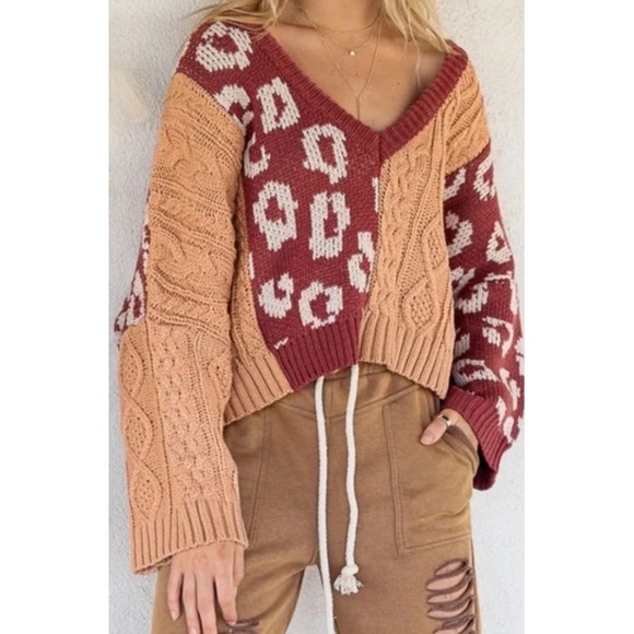POL Sweaters - POL Leopard Cable Knit Deep V Neck Chunky Oversized Knit Sweeter Boxy Sz L